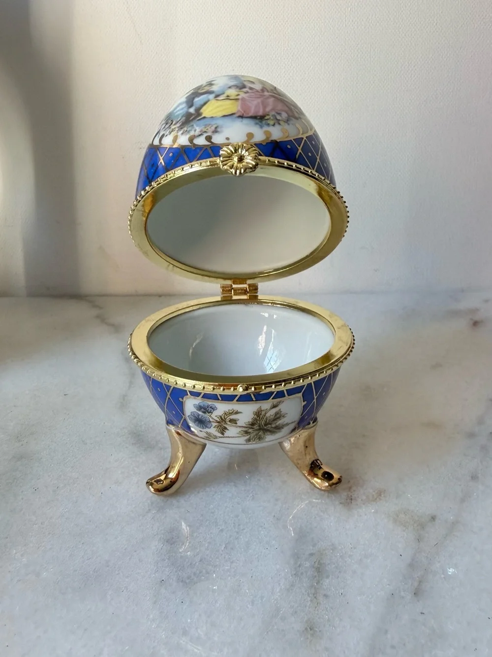 Blue Decorative Porcelain Egg Trinket Box with Gold Accents